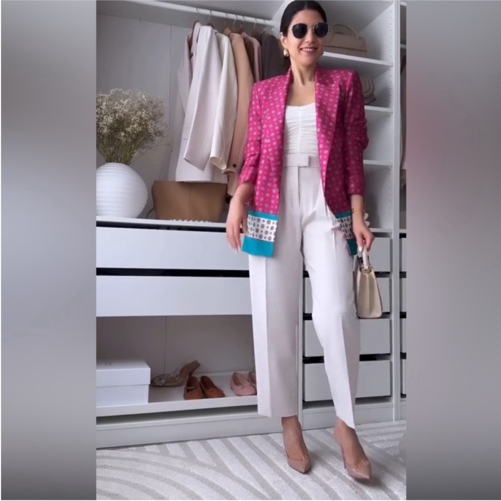 Zara Satin Effect Printed Open Front Blazer Jacket Pink Teal Blue size Small - Picture 5 of 14